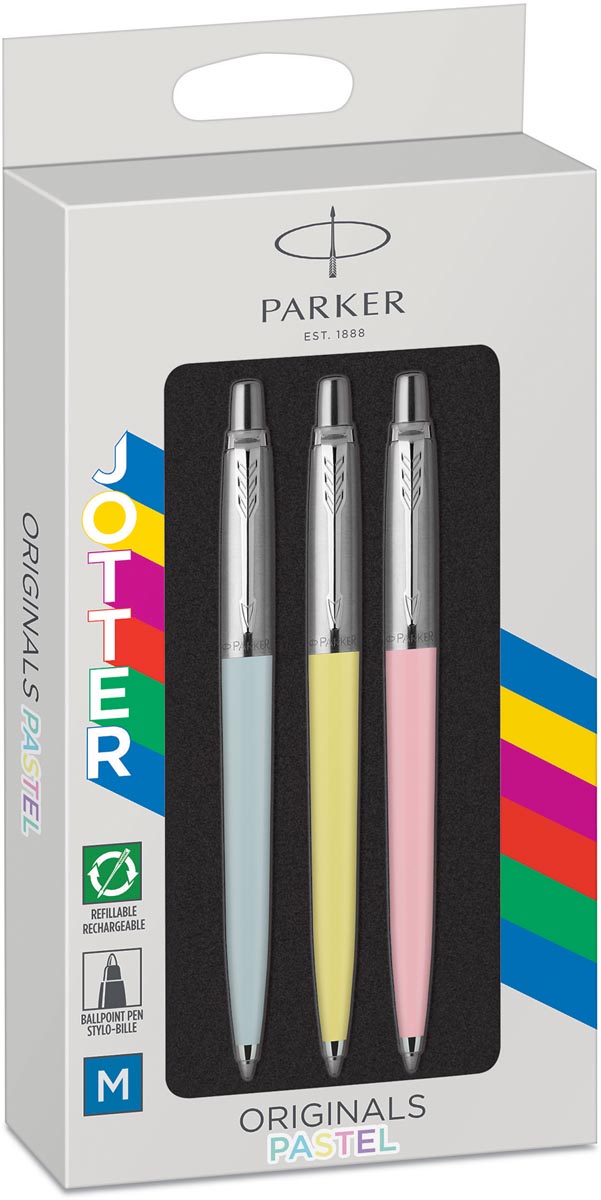 Parker Jotter Originals Pastel balpen, blister met 3 stuks, roze/blauw/geel