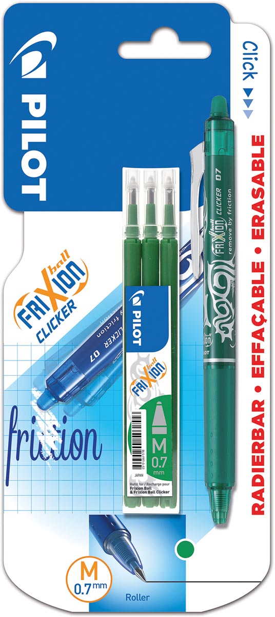 Pilot gelroller Frixion Ball Clicker, blister van 4 stuks (1 gelroller + 3 vullingen), groen