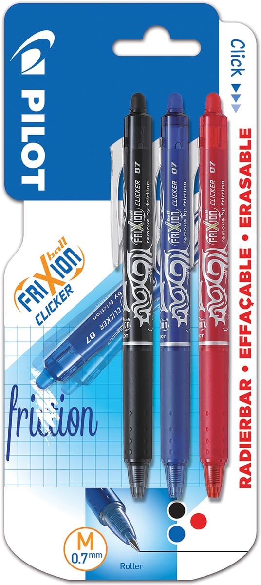 Pilot balpen FriXion Ball Clicker, schrijfbreedte: 0,7 mm, medium punt, blister van 3 stuks Pilot balpen FriXion Ball Clicker, schrijfbreedte: 0,7 mm, medium punt, blister van 3 stuks