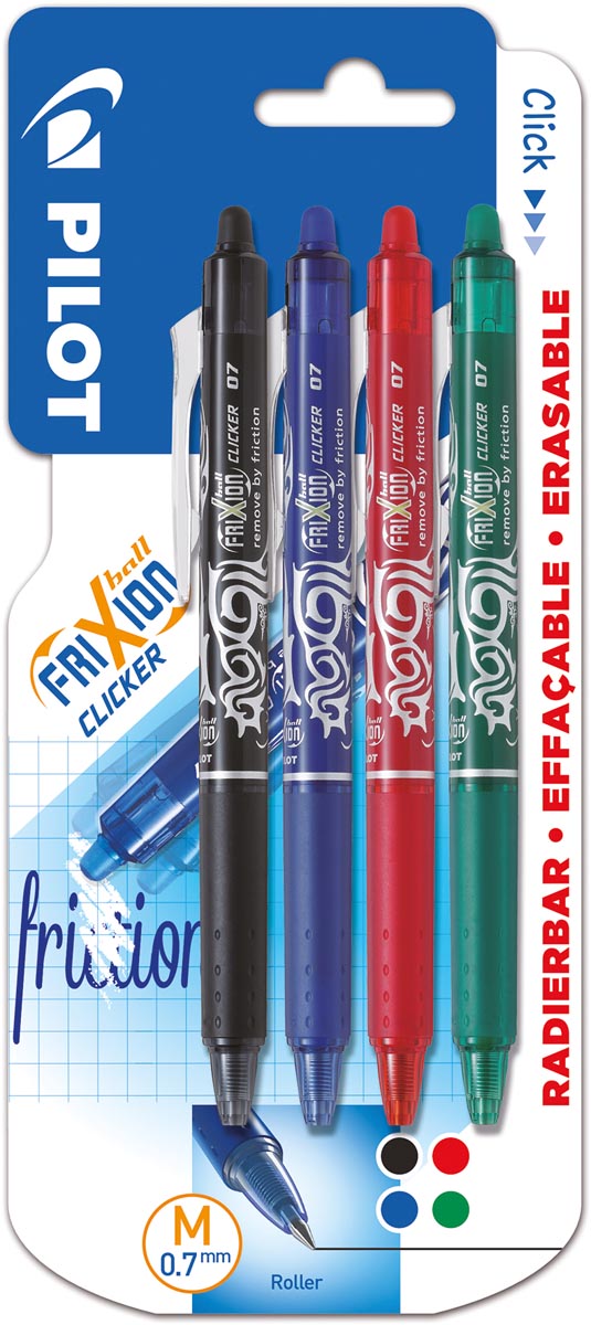 Pilot intrekbare roller FriXion Ball Clicker, medium punt, 0,7 mm, blister met 4 stuks afbeelding