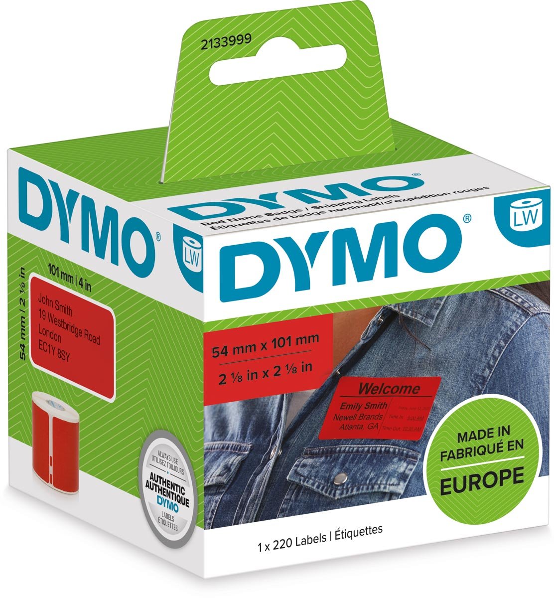 Dymo etiketten LabelWriter ft 54 x 101 mm, permanent, rood, 220 etiketten Dymo etiketten LabelWriter ft 54 x 101 mm, permanent, rood, 220 etiketten