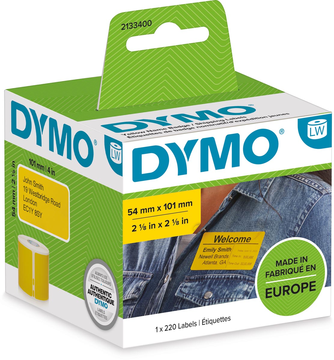 Dymo etiketten LabelWriter ft 54 x 101 mm, permanent, geel, 220 etiketten Dymo etiketten LabelWriter ft 54 x 101 mm, permanent, geel, 220 etiketten