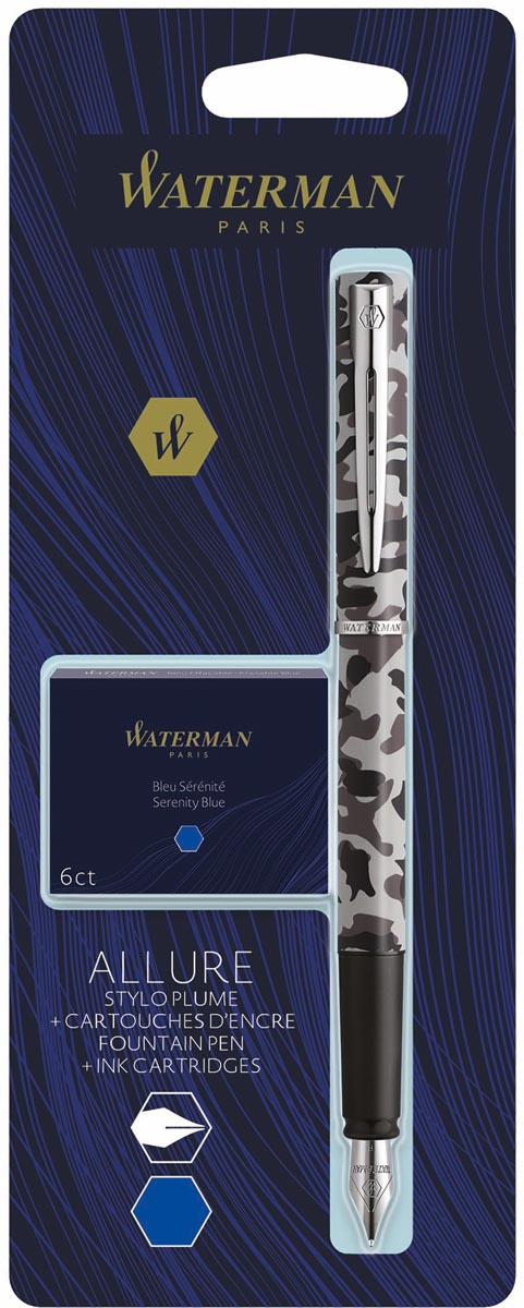 Waterman vulpen Allure camouflage fijne punt, inclusief 6 inktpatronen, op blister Waterman vulpen Allure camouflage fijne punt, inclusief 6 inktpatronen, op blister