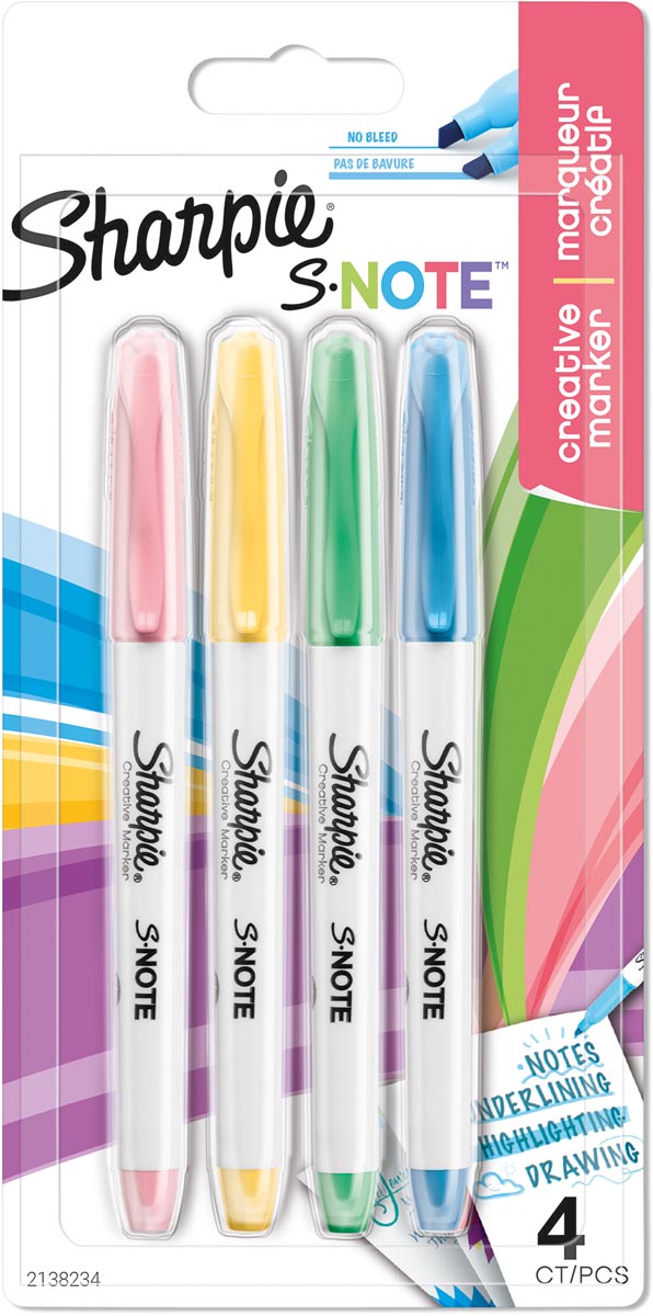 Sharpie S-Note markeerstift, 4 stuks, assorti