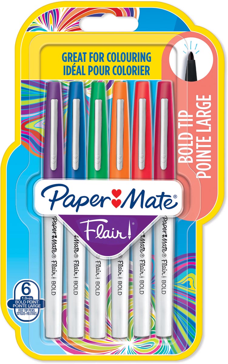 Paper Mate viltstift Flair Bold, blister met 6 stuks in geassorteerde kleuren Paper Mate viltstift Flair Bold, blister met 6 stuks in geassorteerde kleuren