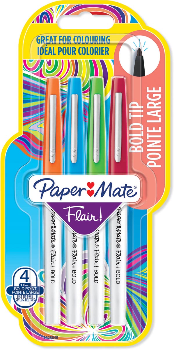 Paper Mate viltstift Flair Bold, blister met 4 stuks in geassorteerde kleuren Paper Mate viltstift Flair Bold, blister met 4 stuks in geassorteerde kleuren