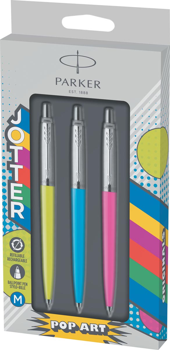 Parker Jotter Originals balpen, blister met 3 stuks, limoengroen/blauw/roze