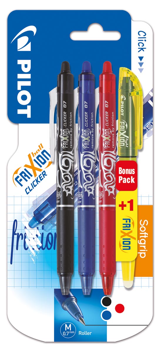 Pilot gelroller Frixion Ball Clicker, blister van 4 stuks (3 gelrollers + 1 markeerstift)