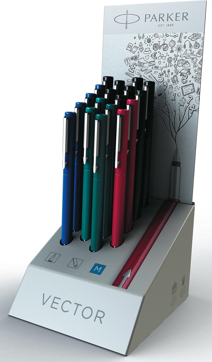Parker vulpen Vector, medium punt, toonbankdisplay met 18 stuks in geassorteerde kleuren