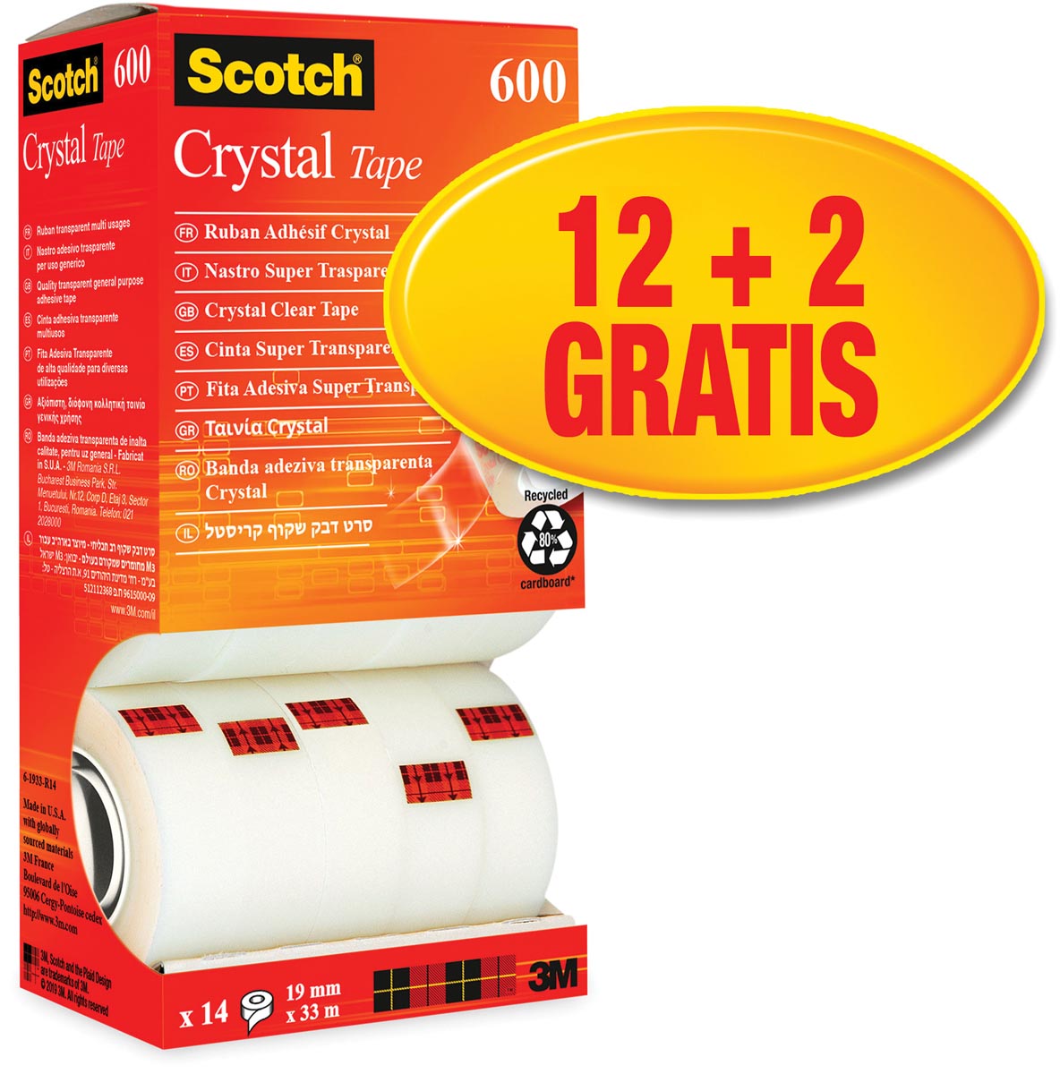 Scotch Plakband Crystal ft 19 mm x 33 m, doos met 14 rolletjes (12 + 2 gratis) Scotch Plakband Crystal ft 19 mm x 33 m, doos met 14 rolletjes (12 + 2 gratis)