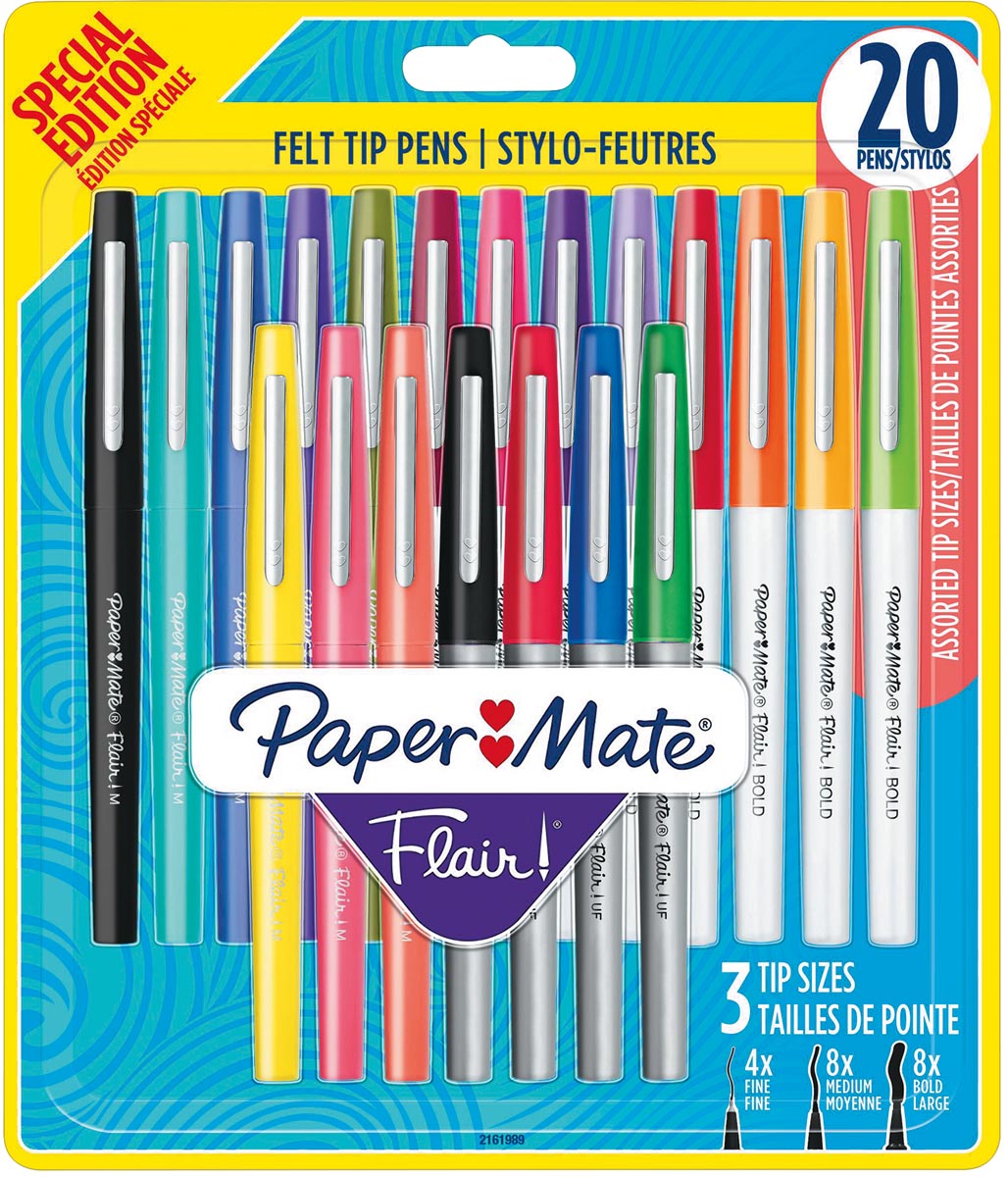 Paper Mate viltstift Flair, geassorteerde schrijfbreedte, blister van 20 stuks in geassorteerde kleuren