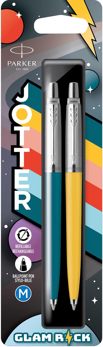 Parker Jotter Originals balpen, Glam Rock, blister van 2 stuks (geel en blauw) Parker Jotter Originals balpen, Glam Rock, blister van 2 stuks (geel en blauw)