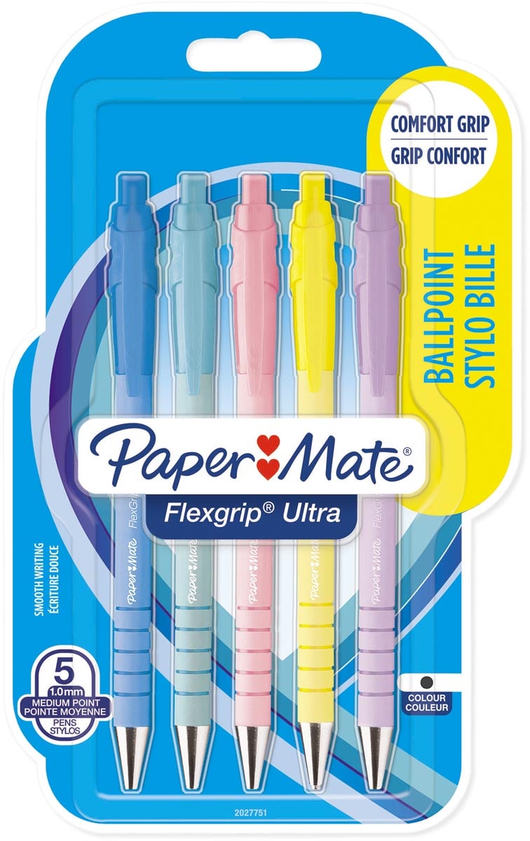 Paper Mate balpen Flexgrip Pastel RT, medium, blauwe inkt, blister van 5 stuks, assorti Paper Mate balpen Flexgrip Pastel RT, medium, blauwe inkt, blister van 5 stuks, assorti