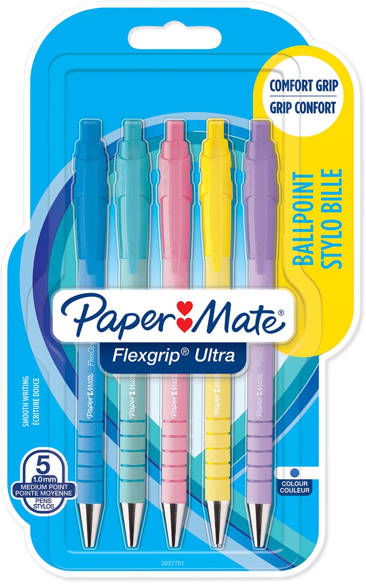 Paper Mate balpen Flexgrip Pastel RT, medium, blauwe inkt, blister van 5 stuks, assorti afbeelding
