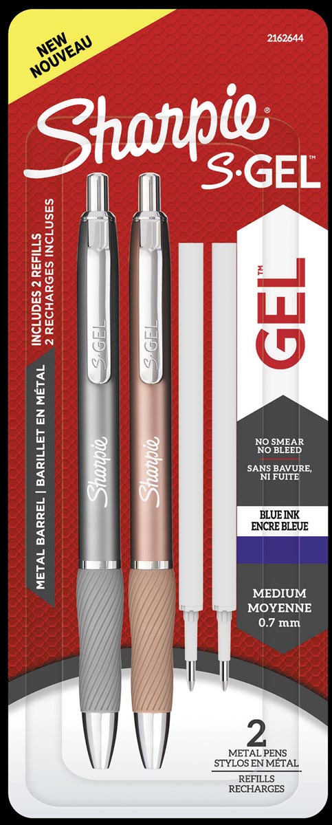 Sharpie S-gel roller, medium punt, blauwe inkt, blister van 2 stuks in metallic kleuren met 2 vullin Sharpie S-gel roller, medium punt, blauwe inkt, blister van 2 stuks in metallic kleuren met 2 vullin