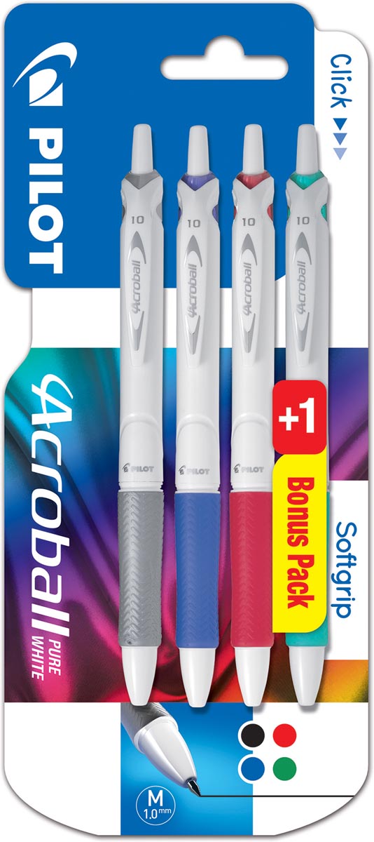 Pilot balpenAcroball Pure White, blister van 3 + 1 gratis, in basiskleuren