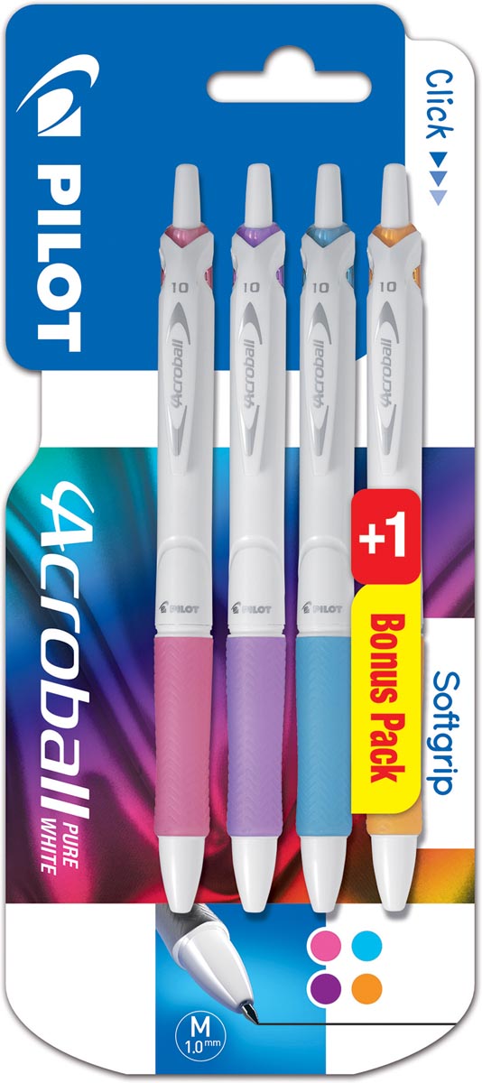 Pilot balpen Acroball Pure White, blister van 3 + 1 gratis, in vrolijke kleuren afbeelding
