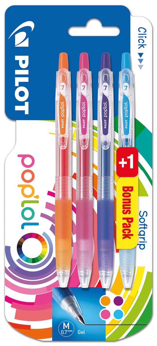 Pilot gelroller Pop'lol, blister van 3 + 1 gratis, in geassorteerde kleuren