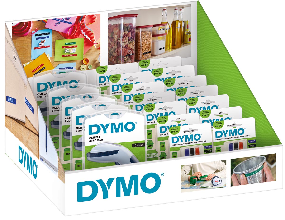 Dymo Lettertang Omega, display van 5 stuks en 18 blisters van 3 D3 tapes