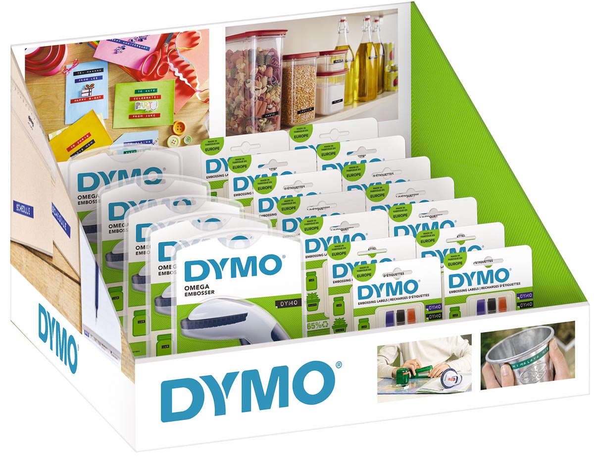 Dymo Lettertang Omega, display van 5 stuks en 16 blisters van 3 D3 tapes Dymo Lettertang Omega, display van 5 stuks en 16 blisters van 3 D3 tapes