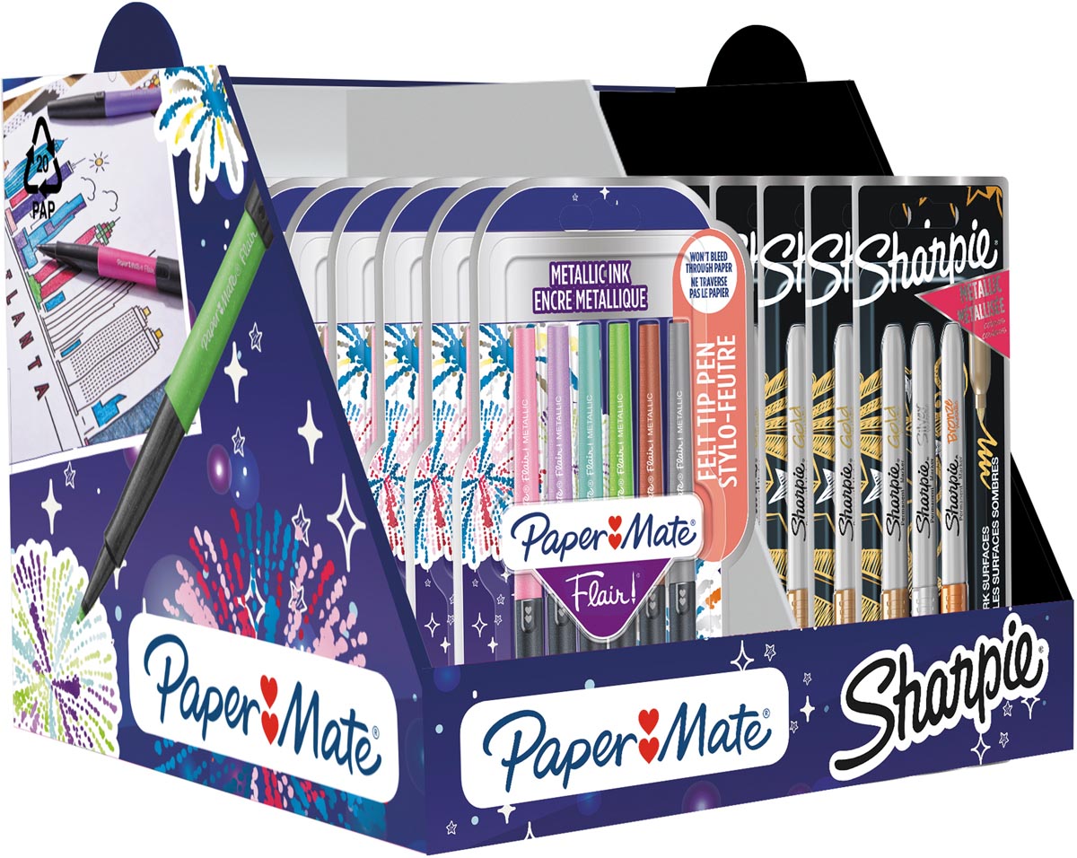 Sharpie en Paper Mate metallic display: 18 x permanent marker, 3 st + 18 x fineliner Flair, 6 st