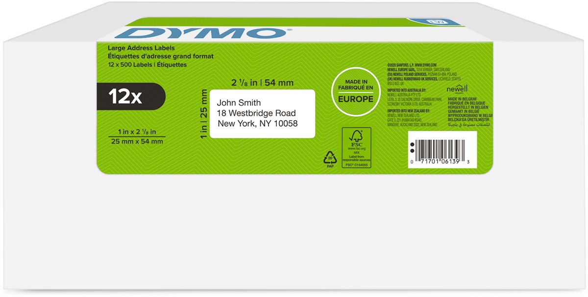 Dymo etiketten LabelWriter ft 25 x 54 mm, wit, doos van 12 x 1000 etiketten Dymo etiketten LabelWriter ft 25 x 54 mm, wit, doos van 12 x 1000 etiketten
