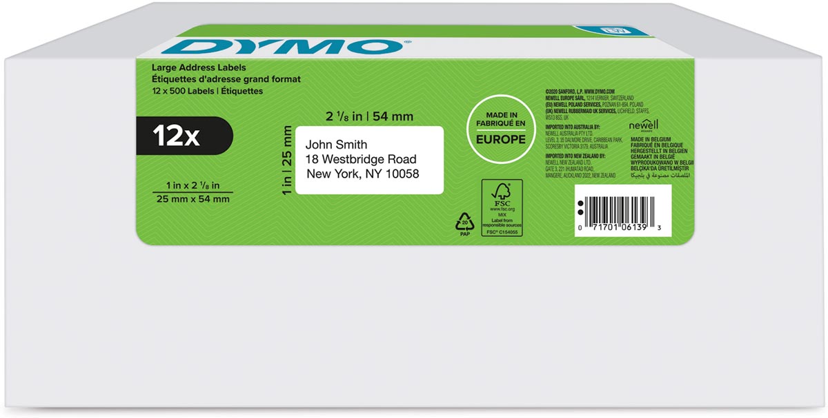 Dymo etiketten LabelWriter ft 25 x 54 mm, wit, doos van 12 x 500 etiketten afbeelding