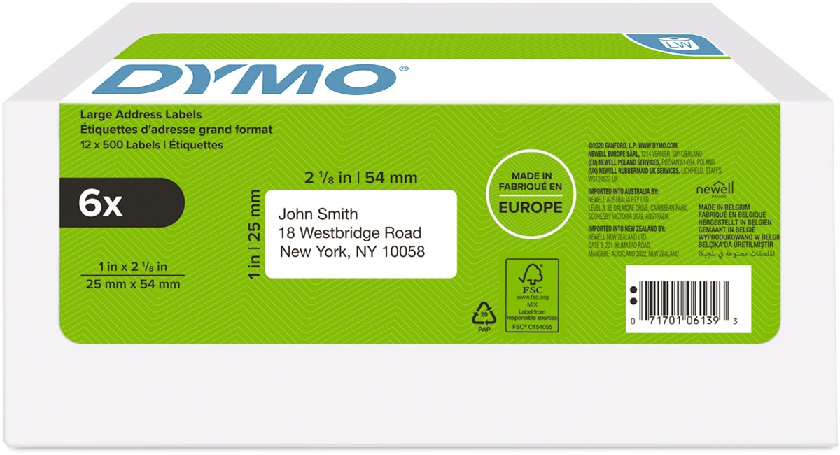 Dymo etiketten LabelWriter ft 25 x 54 mm, wit, doos van 6 x 1000 etiketten Dymo etiketten LabelWriter ft 25 x 54 mm, wit, doos van 6 x 1000 etiketten