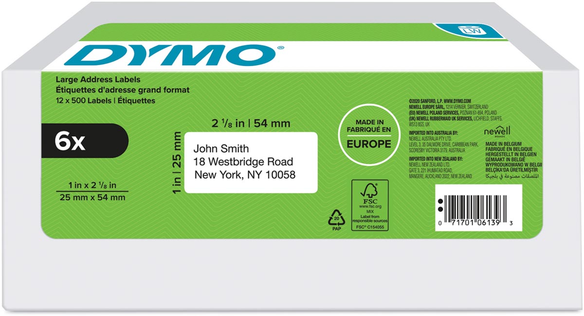 Dymo etiketten LabelWriter ft 25 x 54 mm, wit, doos van 6 x 500 etiketten afbeelding