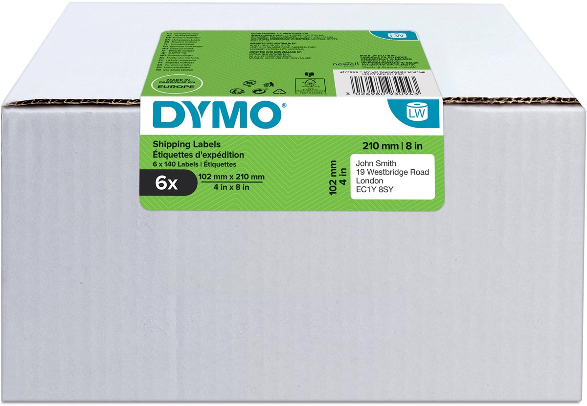 Dymo etiketten LabelWriter ft 102 x 210 mm (DHL), wit, doos van 6 x 140 etiketten afbeelding