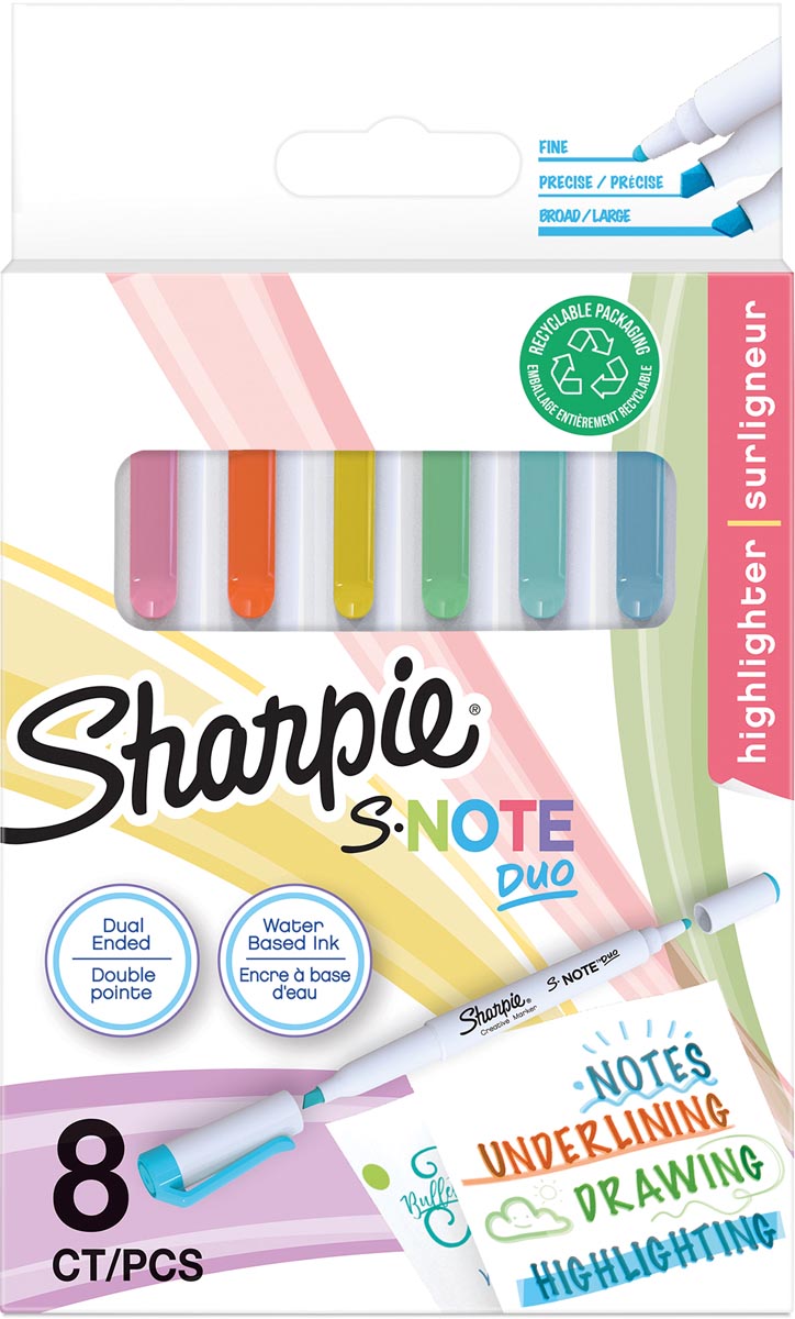 Sharpie S-Note Duo markeerstift, blister van 8 stuks, assorti Sharpie S-Note Duo markeerstift, blister van 8 stuks, assorti