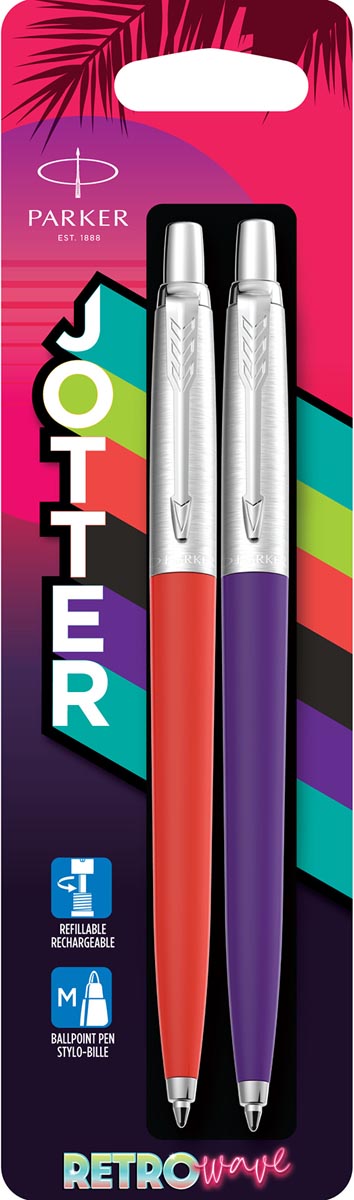 Parker Jotter Originals balpen 80'S Retro Wave, blister van 2 stuks (oranje en paars) Parker Jotter Originals balpen 80'S Retro Wave, blister van 2 stuks (oranje en paars)