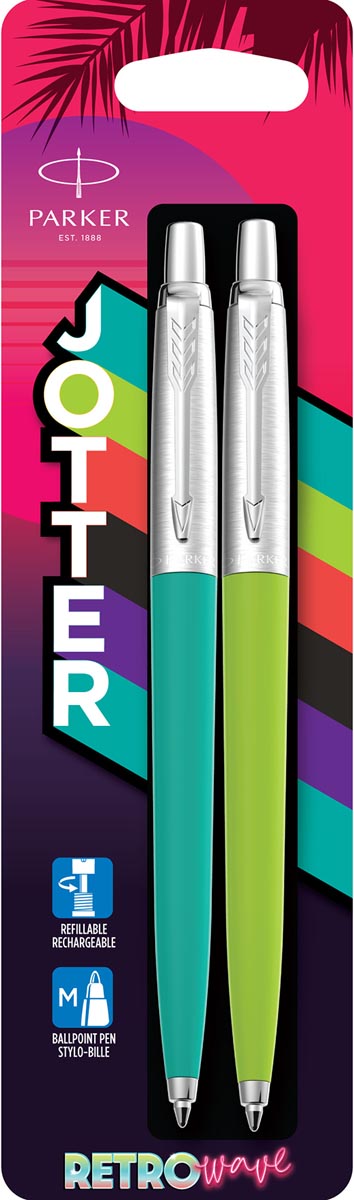 Parker Jotter Originals balpen 80'S Retro Wave, blister van 2 stuks (groen en blauw) Parker Jotter Originals balpen 80'S Retro Wave, blister van 2 stuks (groen en blauw)