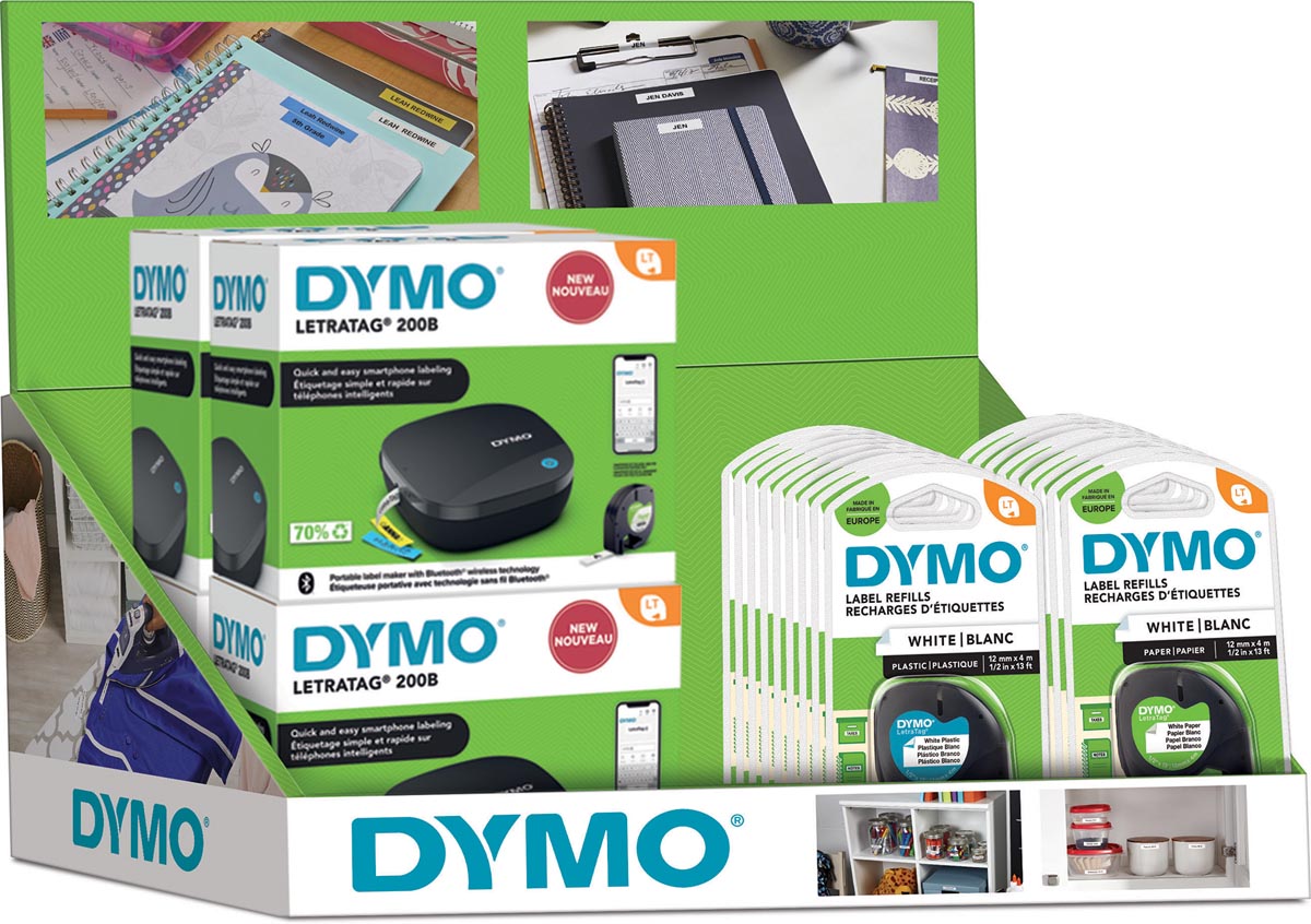 Dymo LetraTag 200B toonbankdisplay, toestellen en tapes, display van 26 stuks