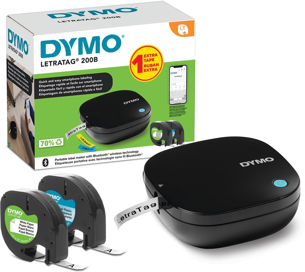 Display Dymo: 10 x LetraTag 200B promopack + 10 x LetraTag 100H + 40 x tape (20 x papier en 20 x plastic)
