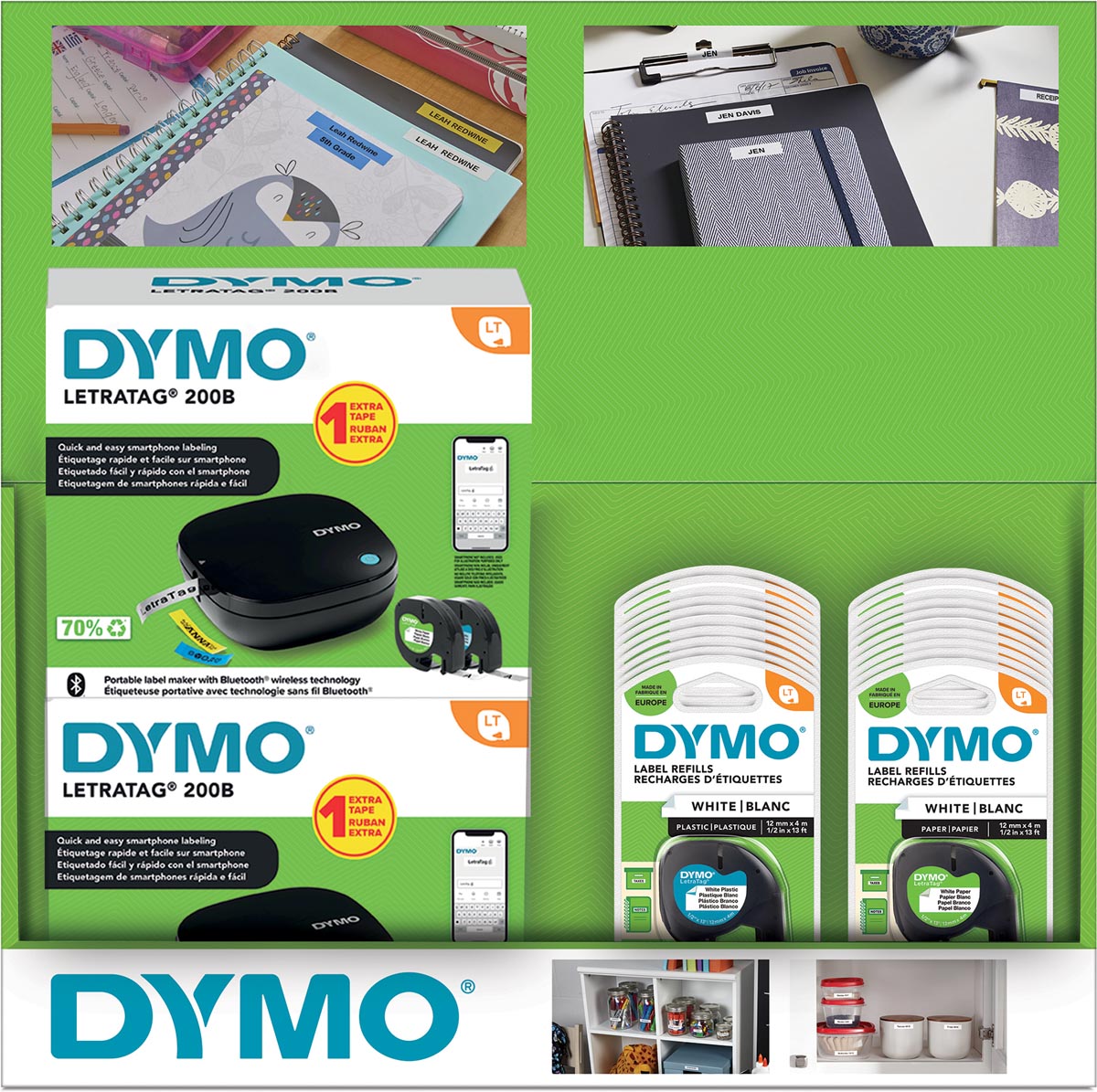 Display Dymo: 6 x LetraTag 200B promopack + 20 x tape (10 x papier en 10 x plastic) afbeelding
