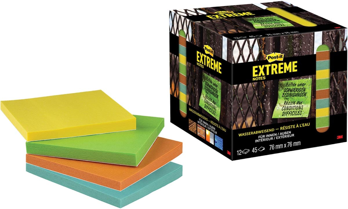 Post-it® Extreme Notes, ft 76 mm x 76 mm, 12 blokken van 45 blaadjes, geassorteerde kleuren