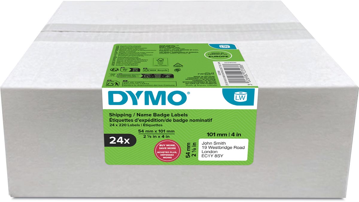 Dymo etiketten LabelWriter ft 101 x 54 mm, wit, 220 etiketten, multipack van 24 rollen