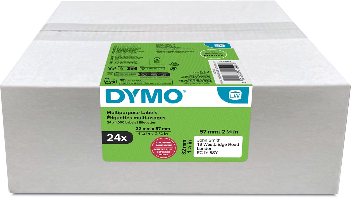 Dymo etiketten LabelWriter ft 57 x 32 mm, verwijderbaar, wit, 1000 etiketten, multipack van 24 rollen