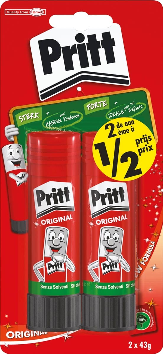 Pritt plakstift, 43 g, blister van 2 stuks, 2de aan halve prijs