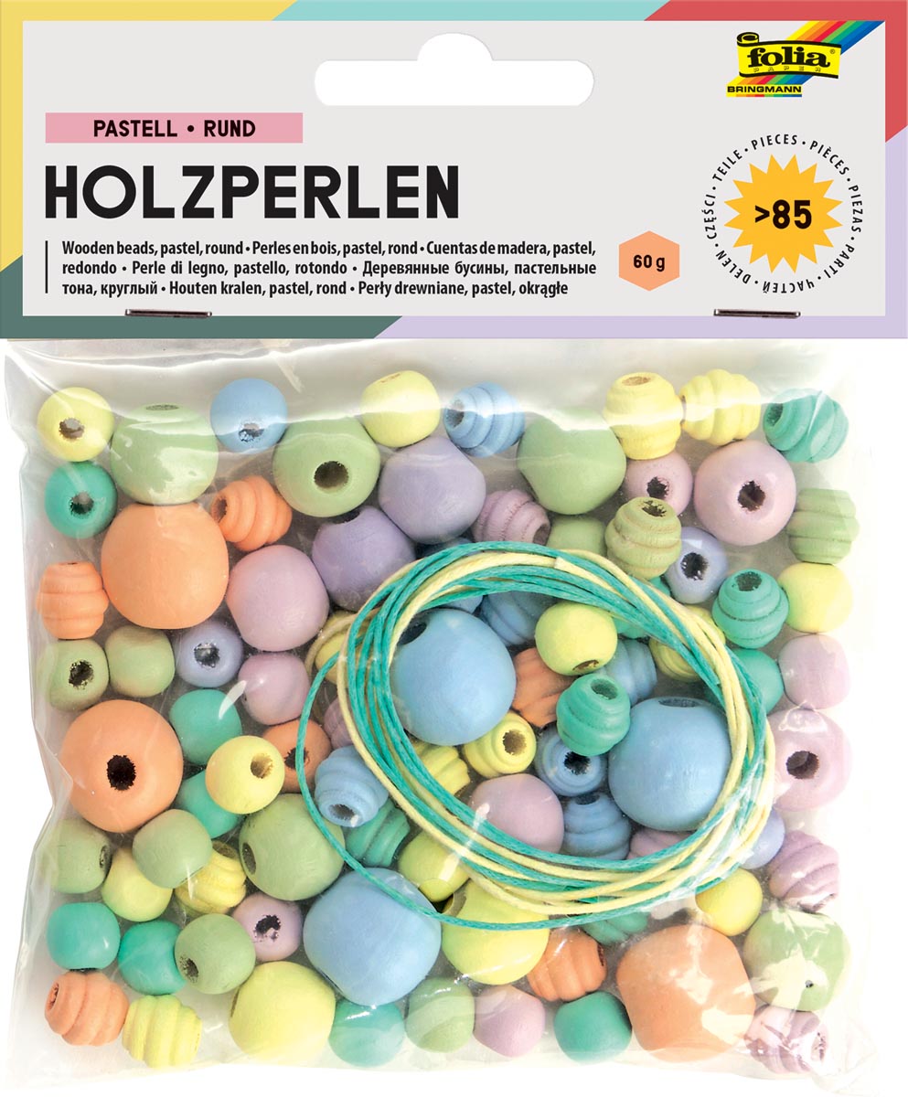 Folia houten parels, pastel, blister van 84 stuks in geassorteerde maten Folia houten parels, pastel, blister van 84 stuks in geassorteerde maten