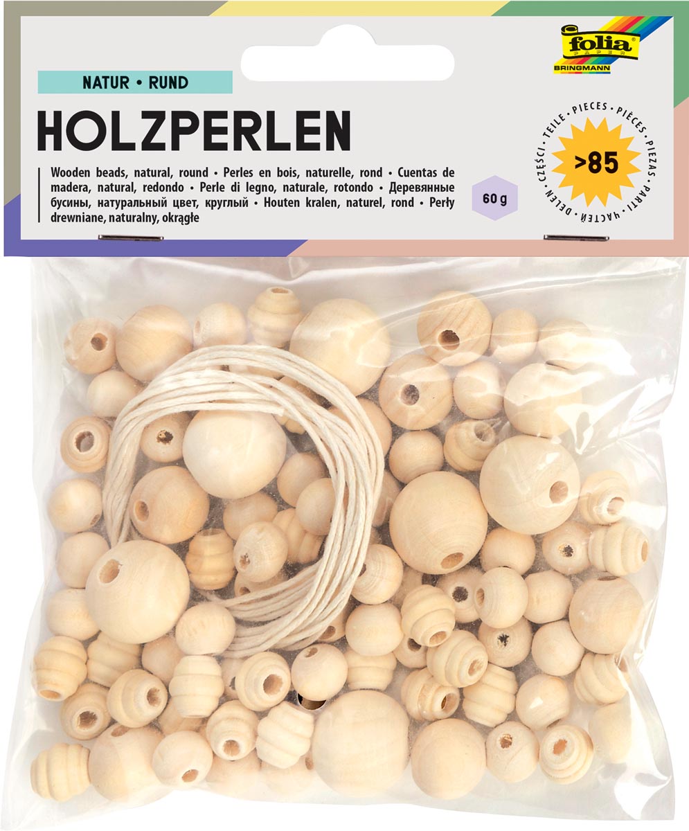 Folia houten parels, natuur, blister van 84 stuks in geassorteerde maten afbeelding