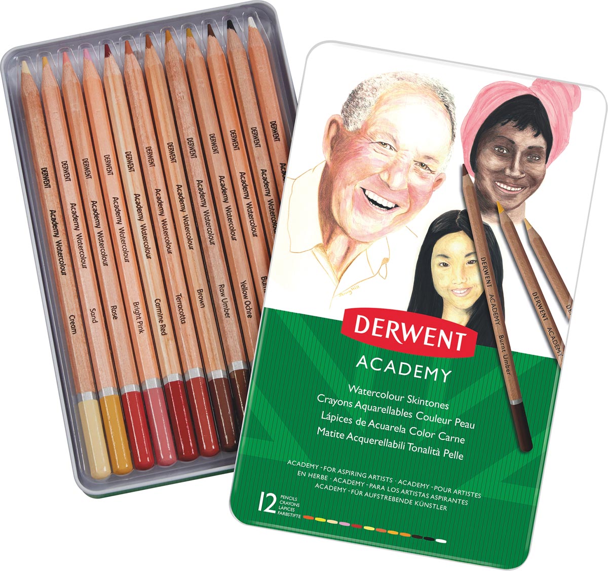 Derwent aquarelpotlood Academy , blik van 12 stuks in geassorteerde huidtinten afbeelding