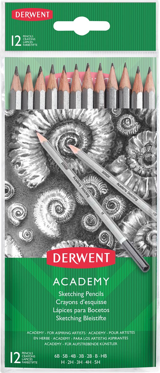 Derwent grafietpotloden Academy , pak van 12 stuks 6B-5B-4B-3B-2B-B-HB-H-2H-3H-4H-5H