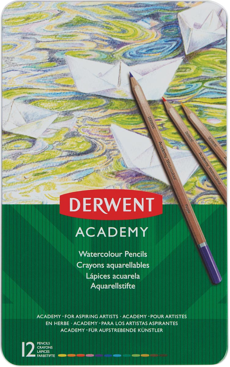 Derwent aquarelpotlood Academy , blik van 12 stuks in geassorteerde kleuren afbeelding