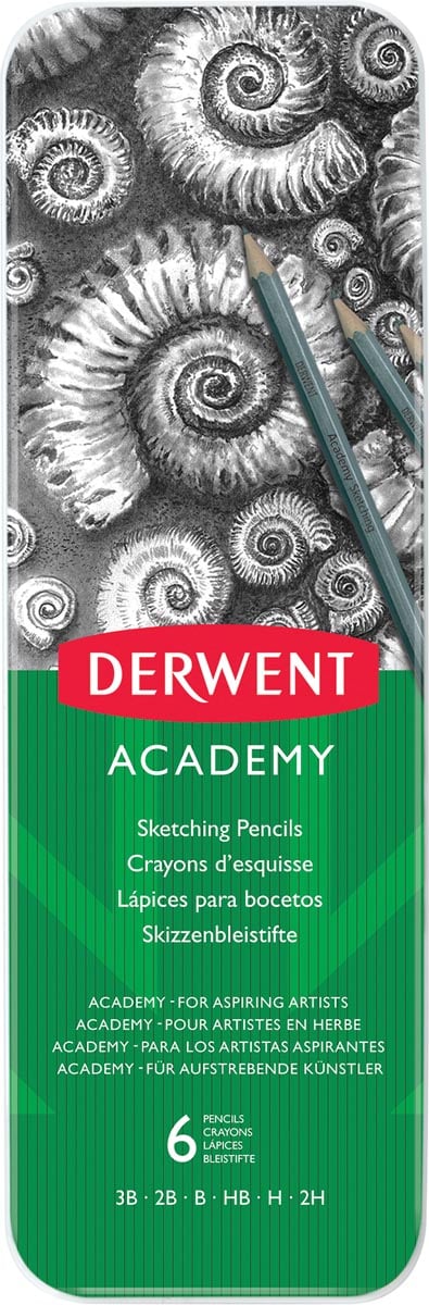 Derwent grafietpotlood Academy, blik van 6 stuks: 3B-2B-B-HB-H-2H afbeelding