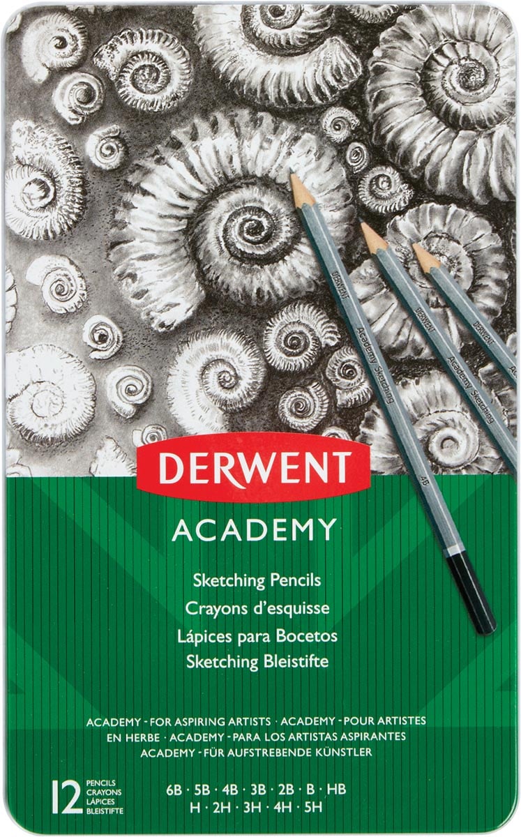 Derwent grafietpotlood Academy, blik van 12 stuks: 6B-5B-4B-3B-2B-B-HB-H-2H-3H-4H-5H afbeelding