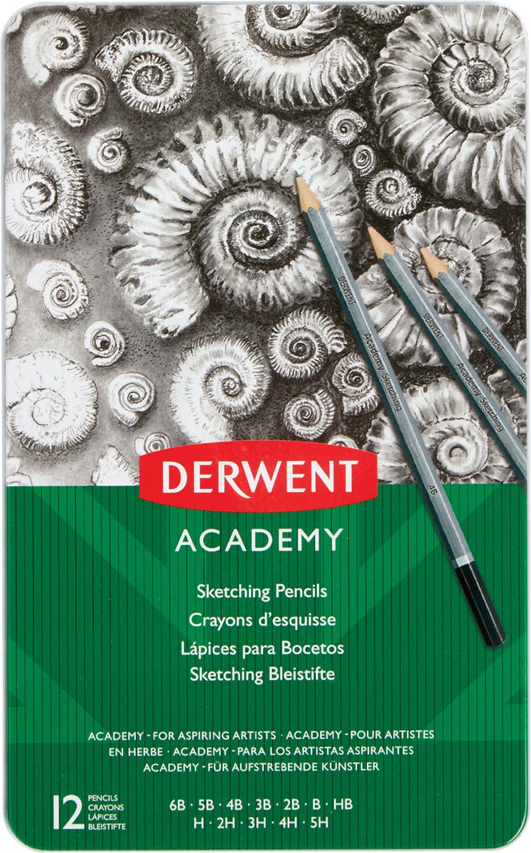 Derwent grafietpotlood Academy, blik van 12 stuks 6B-5B-4B-3B-2B-B-HB-H-2H-3H-4H-5H