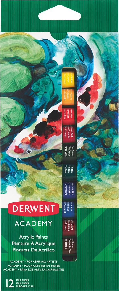 Derwent acrylverf Academy , 12 ml, blister van 12 tubes in geassorteerde kleuren