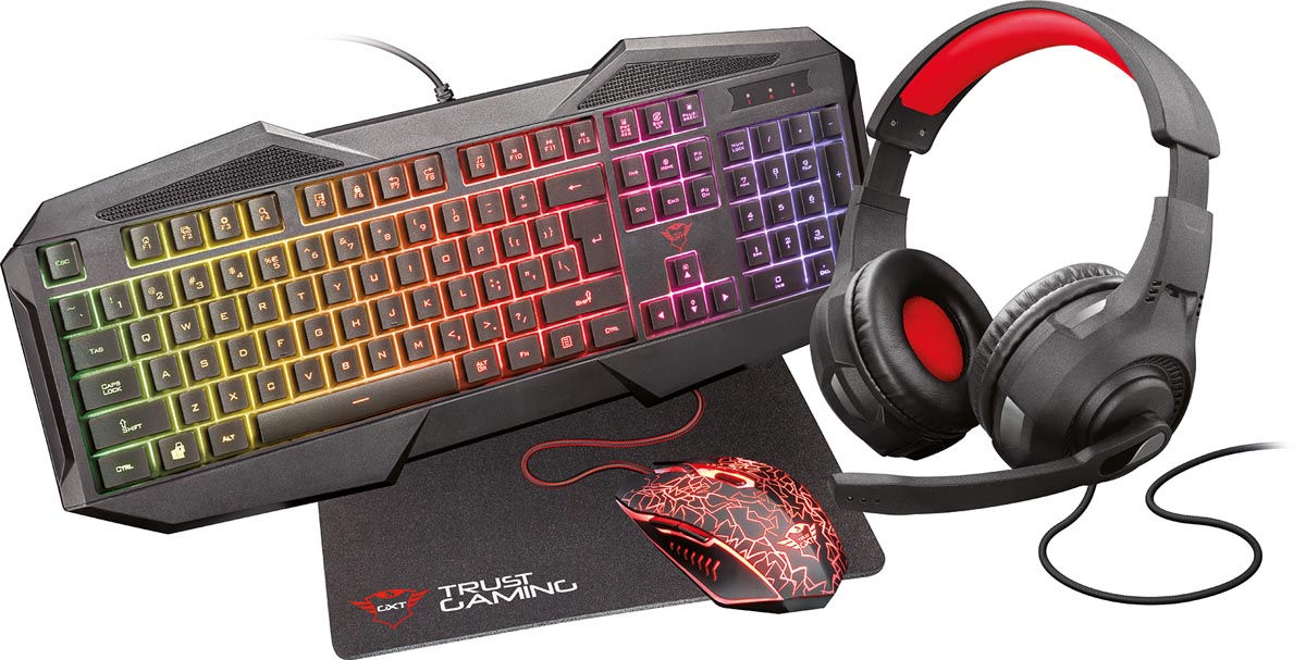 Trust GXT 1180RW 4-in-1 Gaming Set met headset, toetsenbord (qwerty), muis en muismat afbeelding